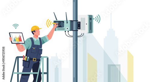 Worker installing wireless access point vector