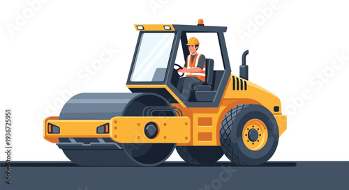 Road roller operator compacting asphalt vector