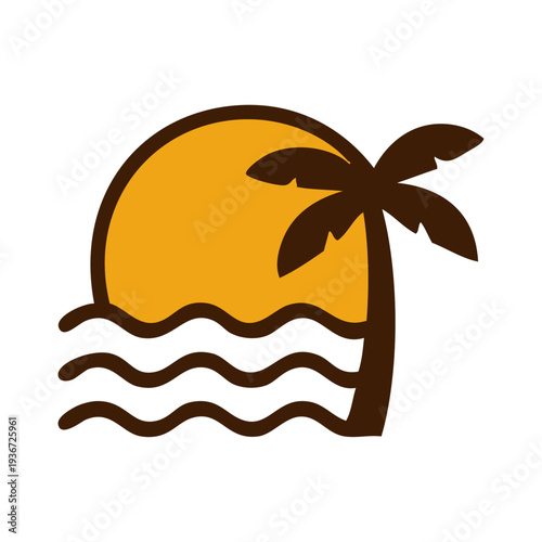 Logo agencia de viajes. Vacaciones de verano. Dibujo sencillo con líneas de la palma con un sol y con olas de mar