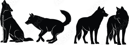 Black silhouettes of howling and standing wolves, cad drawing flat vector illustration of wild forest predators, canine animal silhouette set