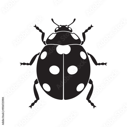 A black and white illustration of a ladybug with white spots on a plain background