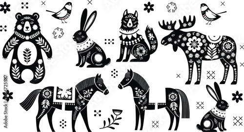 Black silhouettes of folk art forest animals with floral patterns, cad drawing flat vector illustration of nordic style decorative creatures