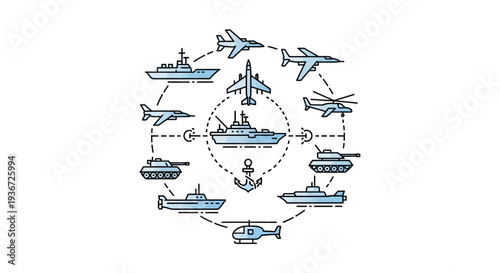 Infographic illustration of various USA military transportation vehicles, including tanks, helicopters, drones, ships, and planes, with a map and anchor in the center, conveying a concept
