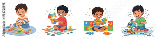 Vector of a little boy playing with a puzzle. Vector, flat, illustration, minimalist, icon, icon set
