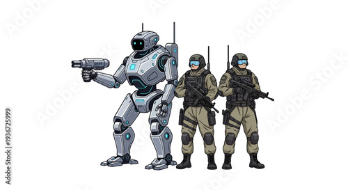 An illustration of a robotic soldier and two human soldiers standing with military gear and weapons against a clean white background