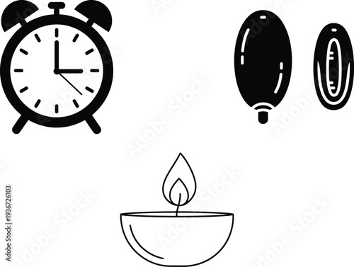 Black and white illustrations of clock candle and balloons