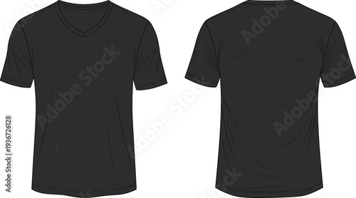 Black short sleeve V neck T shirt front back, plain apparel design, fashion garment illustration, clothing template, casual wear mockup