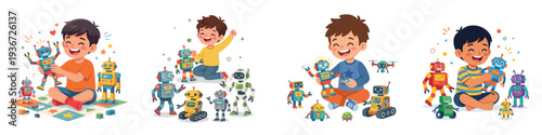 Vector of a little boy playing with a robot. Vector, flat, illustration, minimalist, icon, icon set