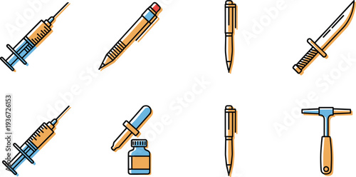 Medical syringe pencil pen knife hammer tool icon set stationery healthcare instruments outline vector collection