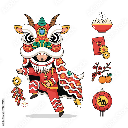 Chinese Lion Dance Costume Character Illustration.