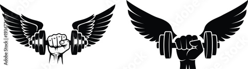 Black and white illustrations of fists with wings holding dumbbells side by side