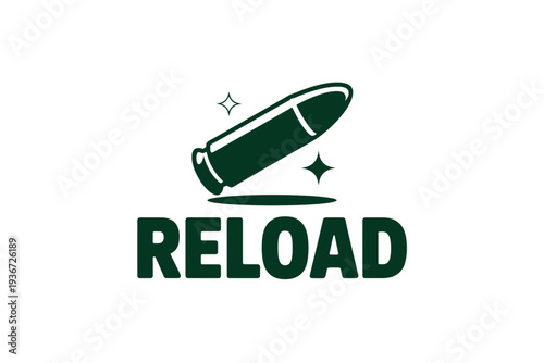 Reload logo with bullet and sparkles on a green background