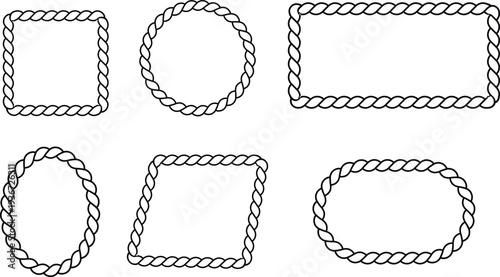 Rope frame border set isolated on white background . Circle, square, oval shape in sea sailor theme. Pattern rope brush. nautical rope collection
