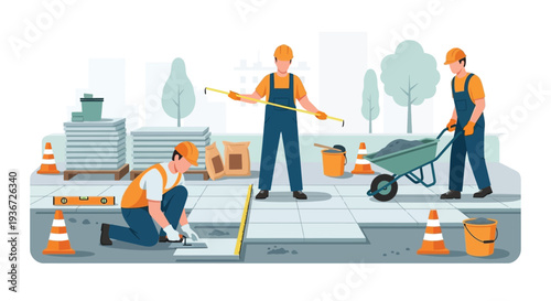 Construction workers paving sidewalk vector