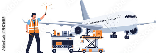 Ground crew signaling airplane arrival vector