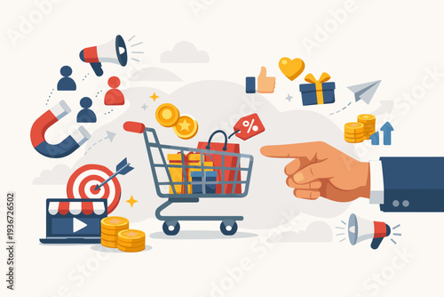 Affiliate marketing and digital promotion concept featuring shopping cart, megaphone, magnet for customer attraction, loyalty rewards program, online sales strategy, and advertising vector.