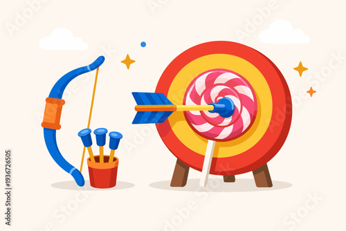 Playful Vector Illustration of a Toy Archery Set with a Blue Bow and Suction Cup Arrows Aiming at a Target with a Pink Lollipop Center, Representing Skill Building and Rewards for Children.