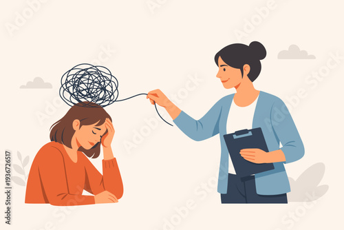 Mental Health Therapy and Psychology Support Concept with a Professional Psychologist Untangling Tangled Thoughts of a Stressed Woman Patient. Counseling for Anxiety, Depression, and Stress Relief.