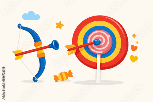 Colorful Toy Bow and Arrow Set with Suction Cup Arrow Hitting the Bullseye of a Lollipop Target, Playful Vector Illustration for Children's Education, Goal Setting, Success, and Skill Development.