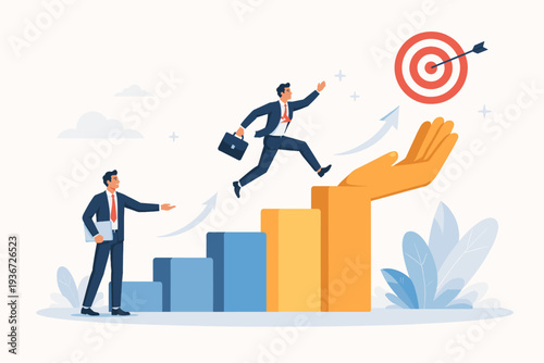 Business support and mentorship concept with a helping hand assisting an employee to reach success. Businessman jumping on a bar chart towards a target with professional guidance and coaching.