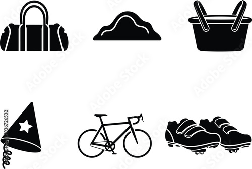 Black silhouette icons of various everyday objects on white background