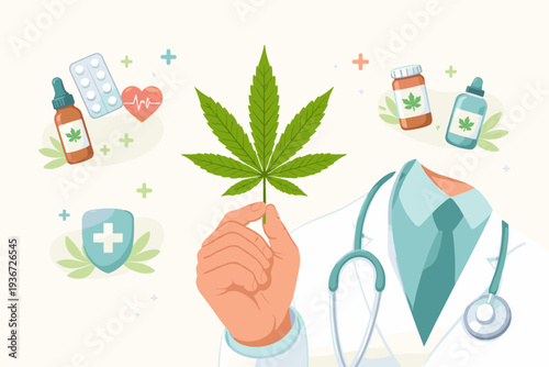 Medical Cannabis Care Program and Alternative Medicine Concept with Doctor Holding Marijuana Leaf, CBD Oil Bottles, Pills, and Healthcare Icons for Legalized Weed Treatment Illustration