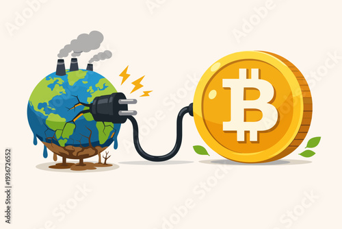Bitcoin mining environmental impact concept with a melting Earth globe plugged into a giant crypto coin, symbolizing high energy consumption, global warming, pollution, and climate change.