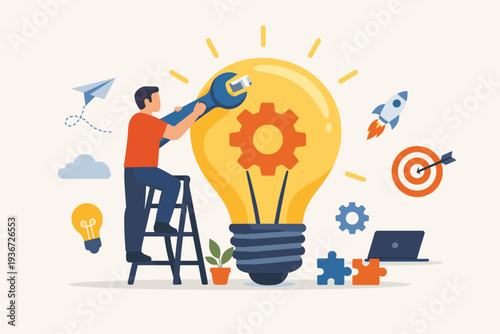 Innovation and creativity concept with man on ladder fixing giant lightbulb with gear, representing business problem solving, startup growth, strategic thinking, and engineering new ideas.