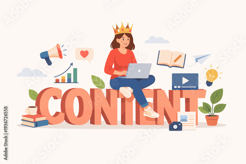 Content is King Concept with Woman Wearing a Crown Sitting on Large Letters Using a Laptop for Digital Marketing Strategy, Social Media Management, Storytelling, and Online Audience Engagement