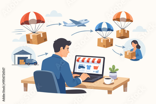 Dropshipping business model illustration with a man managing an e-commerce store on a laptop, showing the supply chain process from warehouse storage to air shipping and customer delivery.