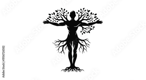 Human silhouette intertwined with tree roots and branches, symbolizing growth and connection to nature.