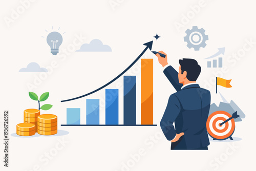 Businessman drawing a rising arrow on a bar chart representing financial growth, investment success, profit increase, business strategy, economic development, and achieving corporate goals.
