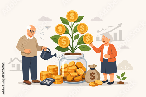 Elderly Couple Investing in Retirement Pension Fund with Money Tree Growing from Savings Jar, Senior Man and Woman Planning Financial Future, 401k Growth, Wealth Management and Economy Concept