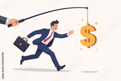 Businessman Running to Catch a Golden Dollar Sign Bait on a Fishing Rod, Concept of Motivation, Greed, Corporate Manipulation, Financial Incentive, and Chasing Wealth in a Professional Career.