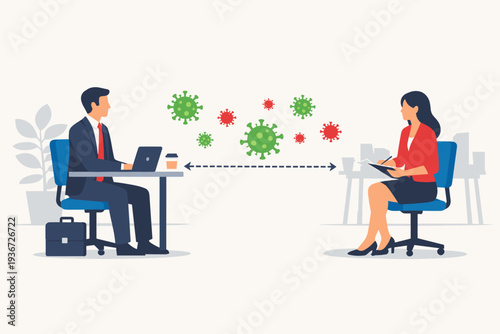 Business people practicing social distancing in the office during the COVID-19 pandemic. A businessman and businesswoman sitting at desks with a safe distance to prevent coronavirus infection.