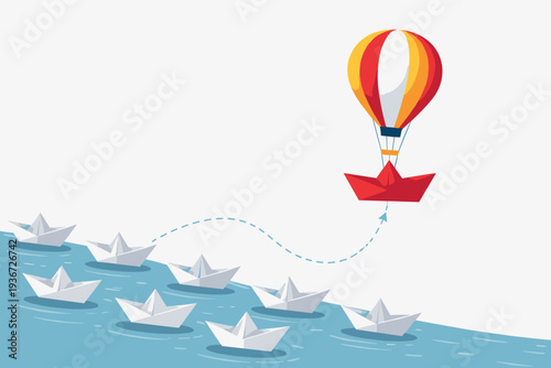 Think Different Concept with Red Paper Boat Flying with Hot Air Balloon Above White Origami Boats on Water, Symbolizing Innovation, Leadership, Creative Vision, and Standing Out from the Crowd