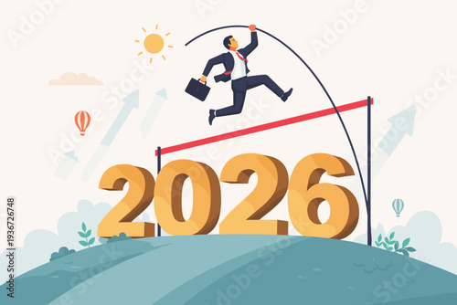 Businessman Pole Vaulting Over 2026 Numbers for Future Success, Ambition, and Business Goals. High Achievement, Overcoming Challenges, and Reaching New Targets in the Upcoming Year 2026 Concept.