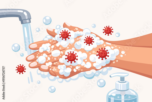 Vector illustration of washing hands with soap and water to sanitize and disinfect COVID-19 coronavirus pathogens, promoting hygiene, health safety, and virus prevention during a global pandemic