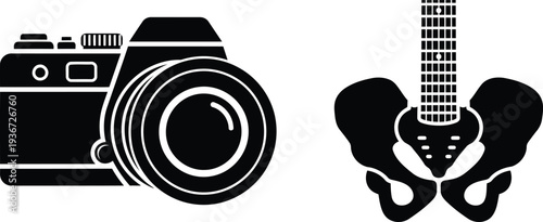 Black silhouettes of camera and pelvis with guitar neck on white background