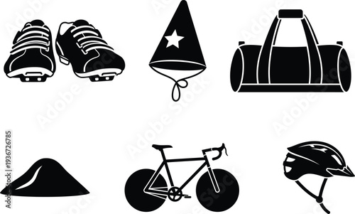 Black silhouettes of sports equipment and accessories on white background