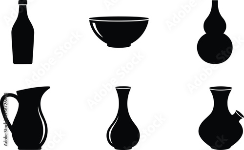 black silhouettes of various ceramic kitchenware and drinkware on white background