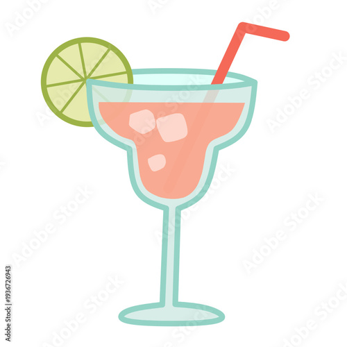 Margarita Cocktail Glass with Lime Slice in Flat Vector Style for Summer Party Theme