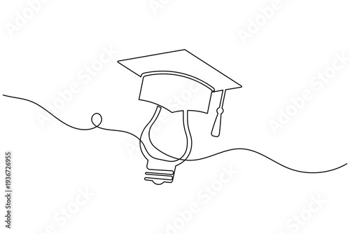 Graduation cap and light bulb continuous one line drawing minimalist vector illustration