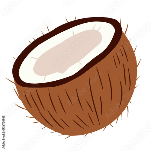 Coconut Half with Brown Shell in Flat Vector Style for Tropical Food Theme