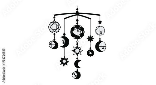 Celestial mobile with moon, stars, and geometric shapes hanging for baby nursery.