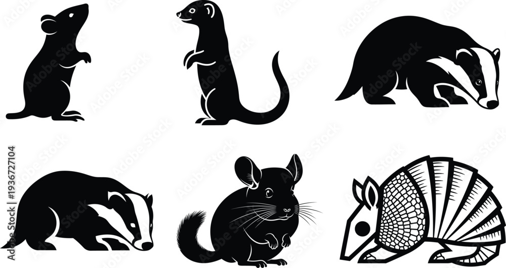 Obraz premium collection of animal silhouettes featuring badgers ferrets and rodents on white background