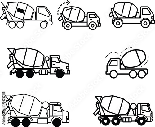 Cement mixer trucks in various positions and movements on white background
