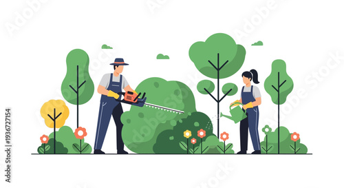 Gardeners maintaining park plants vector