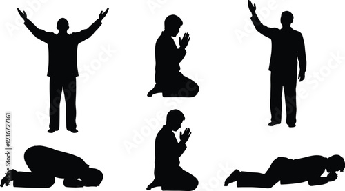 Prayer worship silhouette set, religious people praying kneeling raising hands prostration spiritual faith devotion meditation vector illustration isolated