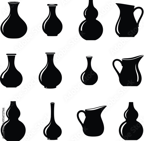 collection of black silhouettes of various jug and vase shapes on white background
